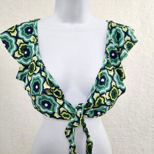 Bikini Top Flowy Ruffle Blue Green Yellow Floral Women's Medium